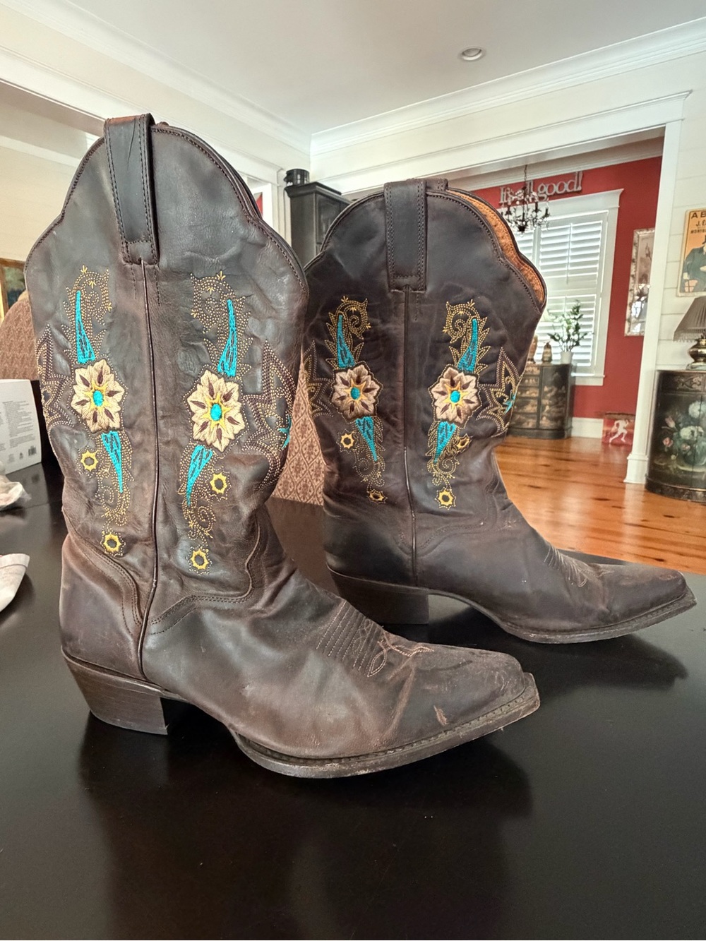 Brown Leather Western Boots with Turquoise & Yellow Floral Embroidery